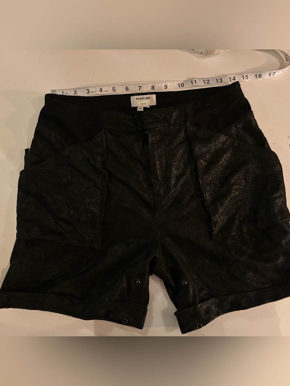 Helmut Lang Womens 6 Black Crackled Leather Shorts with Adjustable Cuff
